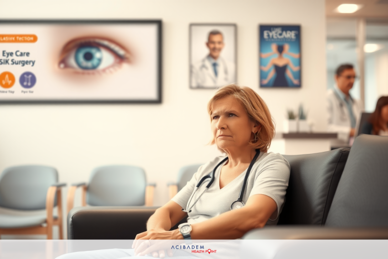 An image of a woman sitting in an eye care office, leaning forward slightly with her hands clasped on her knees. She appears to be waiting or attentively listening to a conversation, possibly about her vision. The setting includes other chairs and a receptionist area where a professional is seated at a desk.