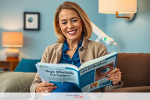 The image features a woman sitting on a couch, holding an open book. She appears to be reading or browsing through the pages of the book. The woman's attire consists of casual business clothing, indicating a professional or work-related context to the image.