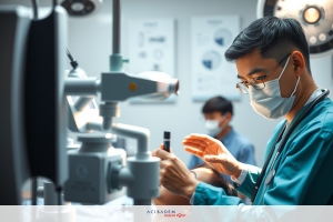 A medical professional, wearing a face mask, stands in front of medical equipment. The person is dressed in sterile attire typical for surgeons or doctors working in an operating room environment.