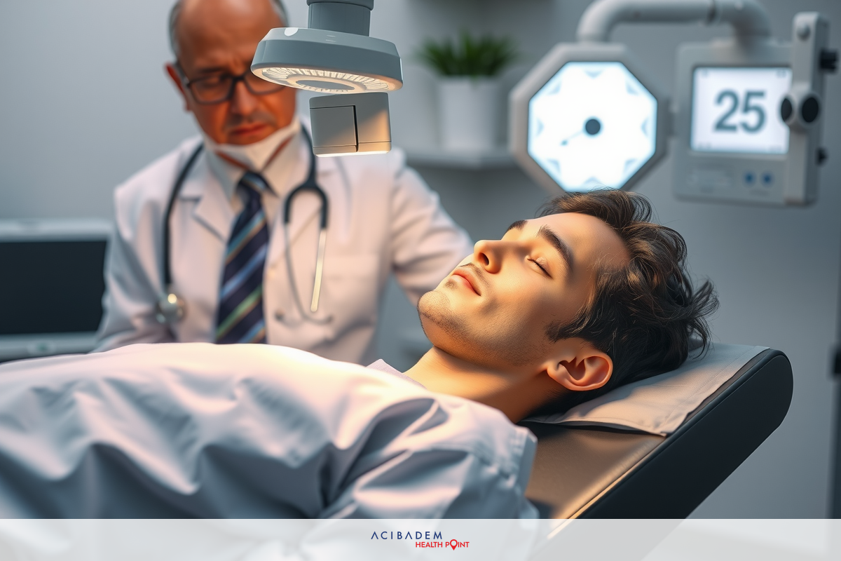 A young male is lying on a hospital bed, undergoing a medical examination by a physician. The environment suggests a modern healthcare facility with an advanced imaging device like a CAT scan machine focused on the patient's head.