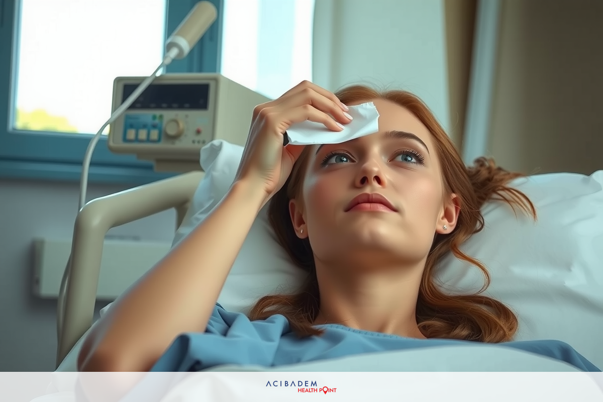 The image shows a woman lying in a hospital bed. Her head is propped up on pillows and she appears to be receiving medical treatment, possibly for an illness or injury. She has a tissue in her hand and is wiping her forehead.
