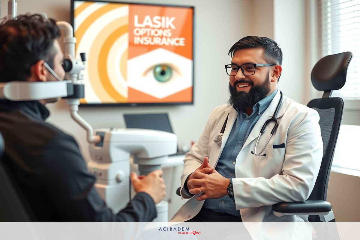 The image shows a professional setting with a doctor and patient. The doctor is sitting across from the patient in an exam chair. They are interacting during what appears to be a routine eye exam or medical consultation. In the background is a TV screen showing an advertisement for LASIK insurance, suggesting that the scene takes place in an eye doctor's office.