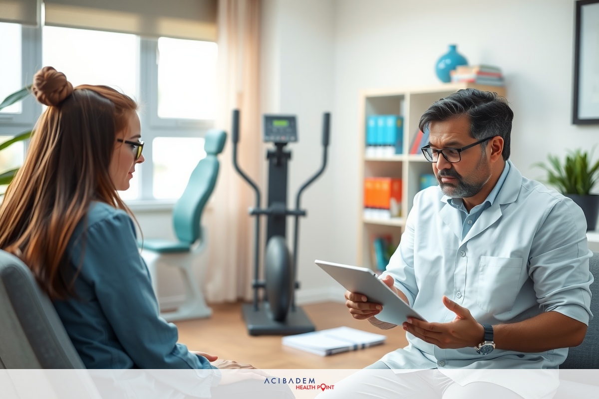 This is an image of a man and woman in a modern home office setting. The man appears to be discussing health or fitness topics with the woman, who has her head turned towards him.
