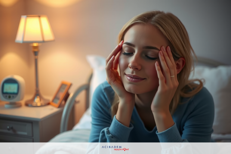 The image shows a woman in a dimly lit room, seated on a bed. She appears to be in a state of distress or concern, with her hand pressed against her forehead. The woman's facial expression is one of worry or discomfort. Her surroundings are subdued and not well-lit, which adds to the overall somber mood of the scene.