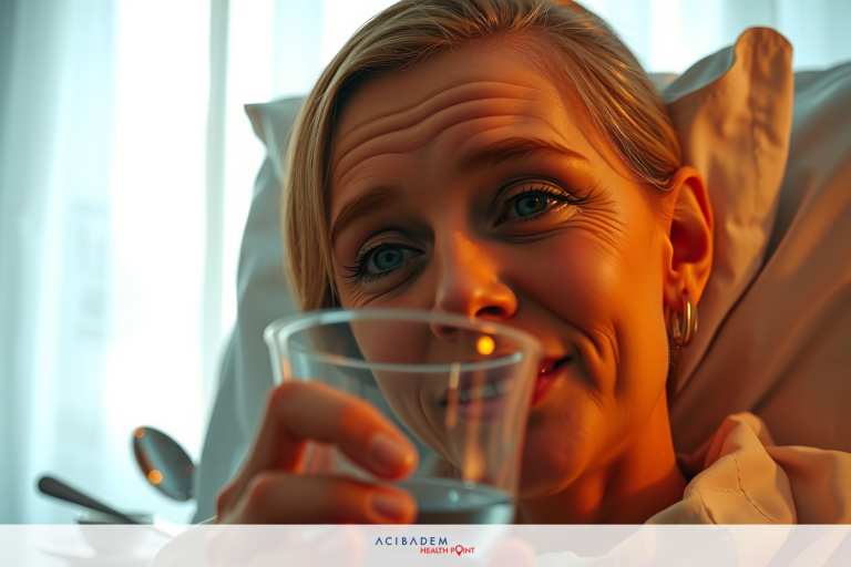 The image depicts a woman in a hospital bed. She has short blonde hair and is holding a small clear glass of water.