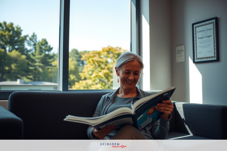 Where Should i Get Laser Eye Surgery A woman sitting on a couch, reading an open book. She's wearing a gray cardigan and has her legs crossed.