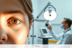 A person getting an eye exam at an optometrist's office. A patient is sitting in the chair with an eye chart and a light shining in their eyes, while a professional performs the eye exam using medical equipment.