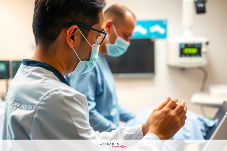 The image shows an operating room where two medical professionals are performing a surgical procedure. One surgeon is wearing a face mask and scrubs, while the other has a surgical cap on.