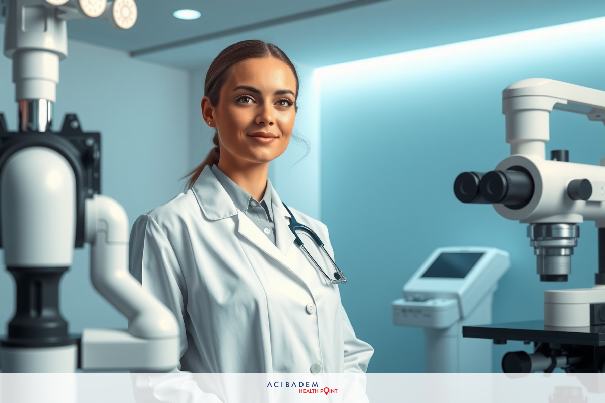 The image depicts a young woman in a professional setting, likely a medical or research facility.