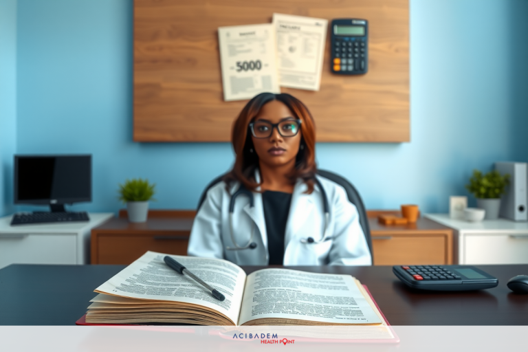 A professional black woman with glasses, wearing a lab coat, sitting at a desk in an office. She is surrounded by medical textbooks and office supplies.