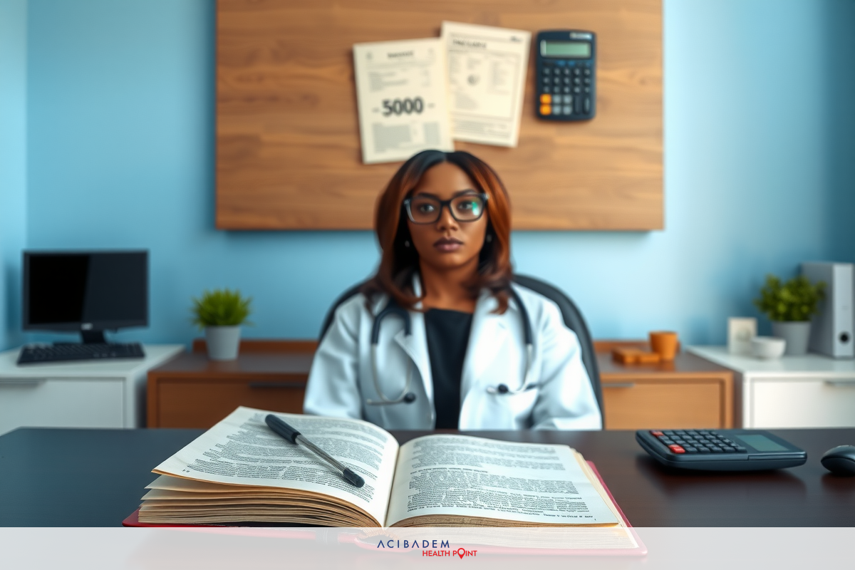 A professional black woman with glasses, wearing a lab coat, sitting at a desk in an office. She is surrounded by medical textbooks and office supplies.