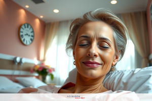 The image features an elderly woman lying in a bed. She is wearing a light pink nightgown and appears to be in a calm or restful state, perhaps during the early morning hours.