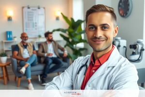 The image depicts a doctor in a contemporary medical office, smiling at the camera. The man is wearing a white lab coat and stands confidently with his arms crossed.