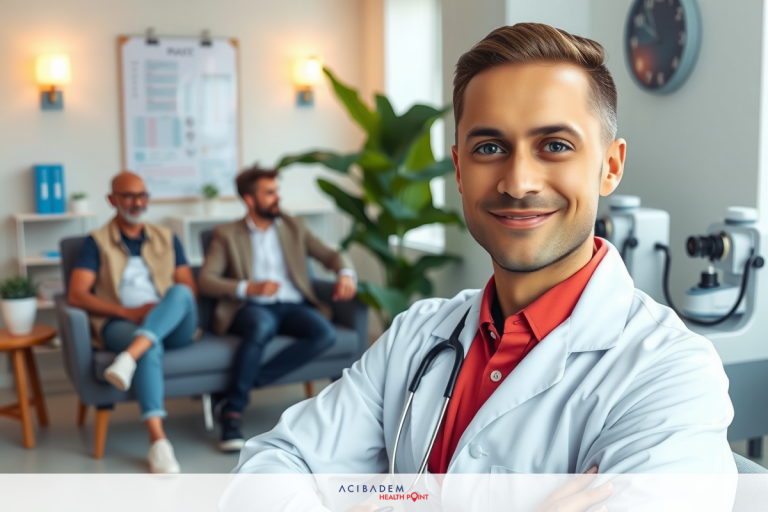 The image depicts a doctor in a contemporary medical office, smiling at the camera. The man is wearing a white lab coat and stands confidently with his arms crossed.