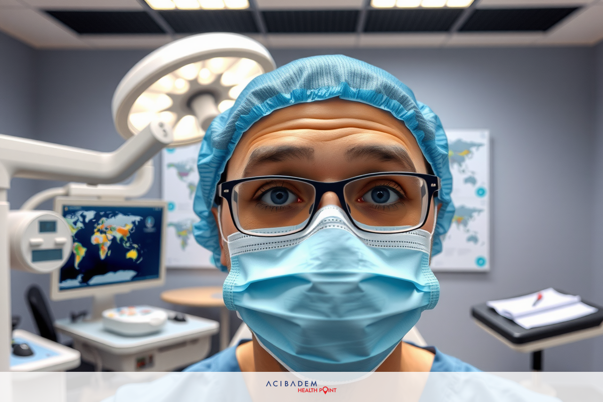 The image shows a person wearing medical scrubs and a surgical mask, suggesting they are in a healthcare professional role. The background is an operating room setting with various medical equipment visible, such as monitors and a microscope.