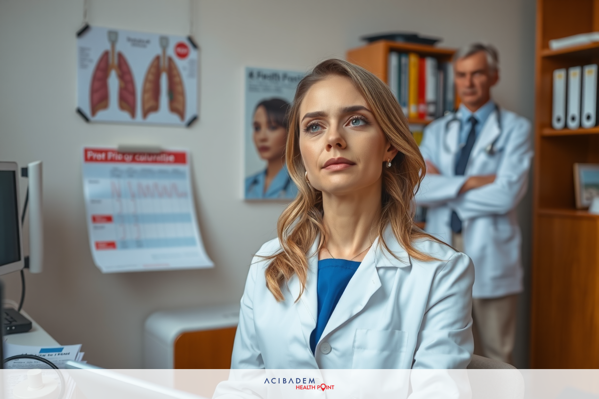 A young female doctor in white lab coat sitting at a desk, looking away from the camera. The office has medical posters and equipment.