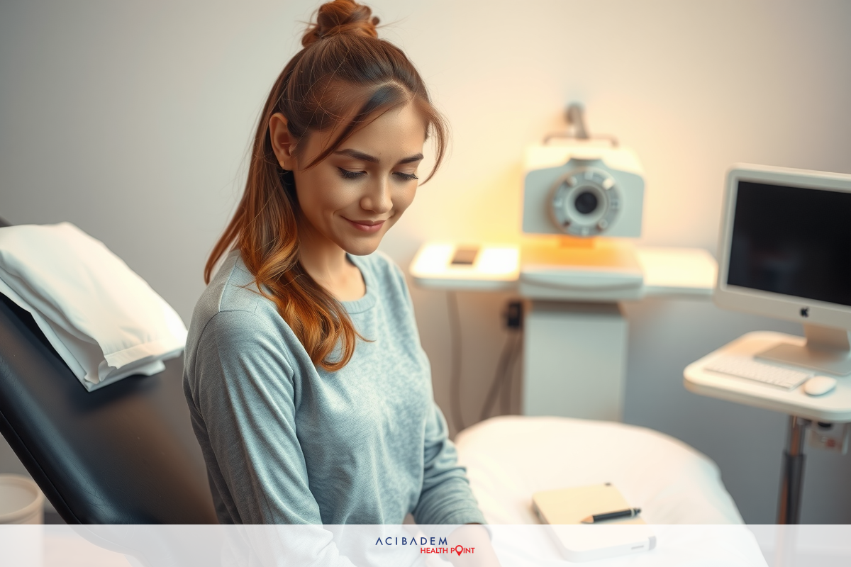 Woman seated in medical office environment, smiling as she looks down at something in her hand, possibly a patient brochure or appointment information.