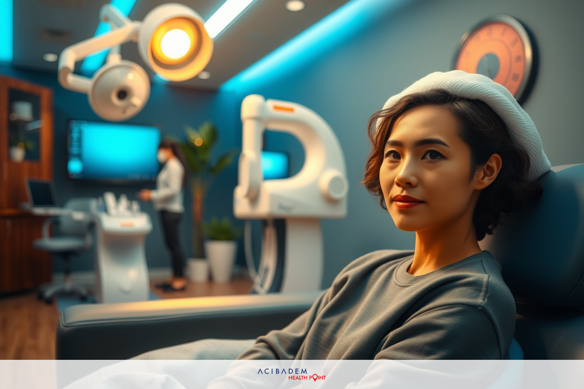 In the image, a young Asian woman is seated in a modern medical chair. She appears to be relaxed and patient.
