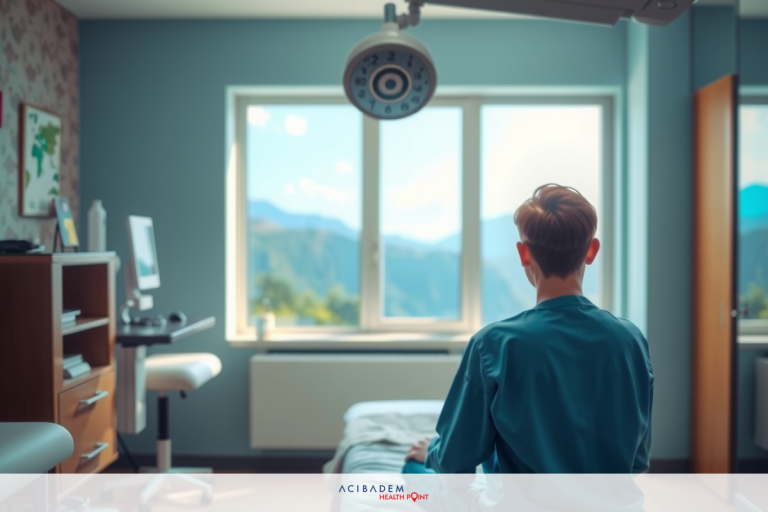 The image depicts an indoor scene, likely within a medical or healthcare facility. The primary subject is a person who appears to be a patient, wearing medical scrubs and seated at a bed.