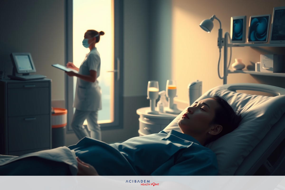 The image depicts an indoor medical setting with a focus on patient care. A woman is lying in a hospital bed, appearing to be resting or receiving treatment.