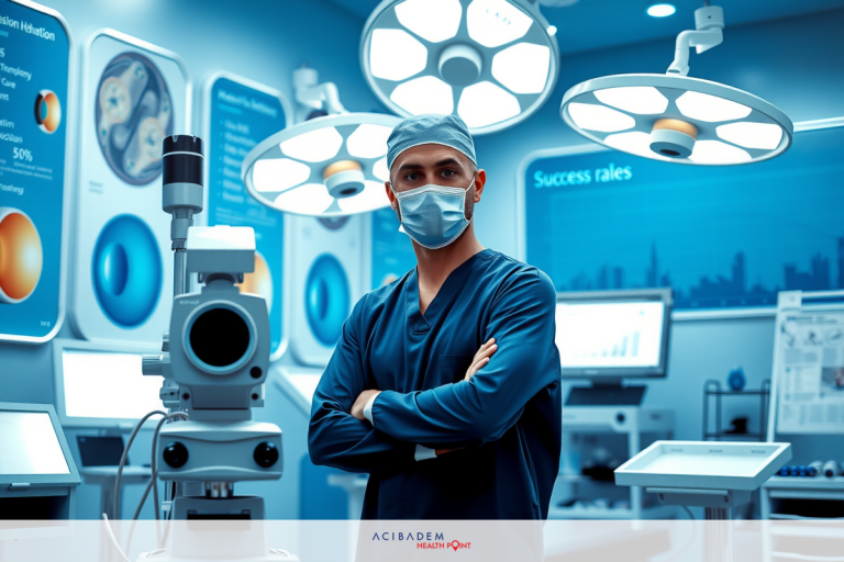 How Safe is Laser Eye Surgery Now The image features a medical professional wearing a surgical mask and scrubs, standing in an operating room with advanced medical equipment.
