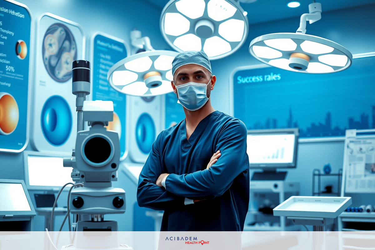 The image features a medical professional wearing a surgical mask and scrubs, standing in an operating room with advanced medical equipment.