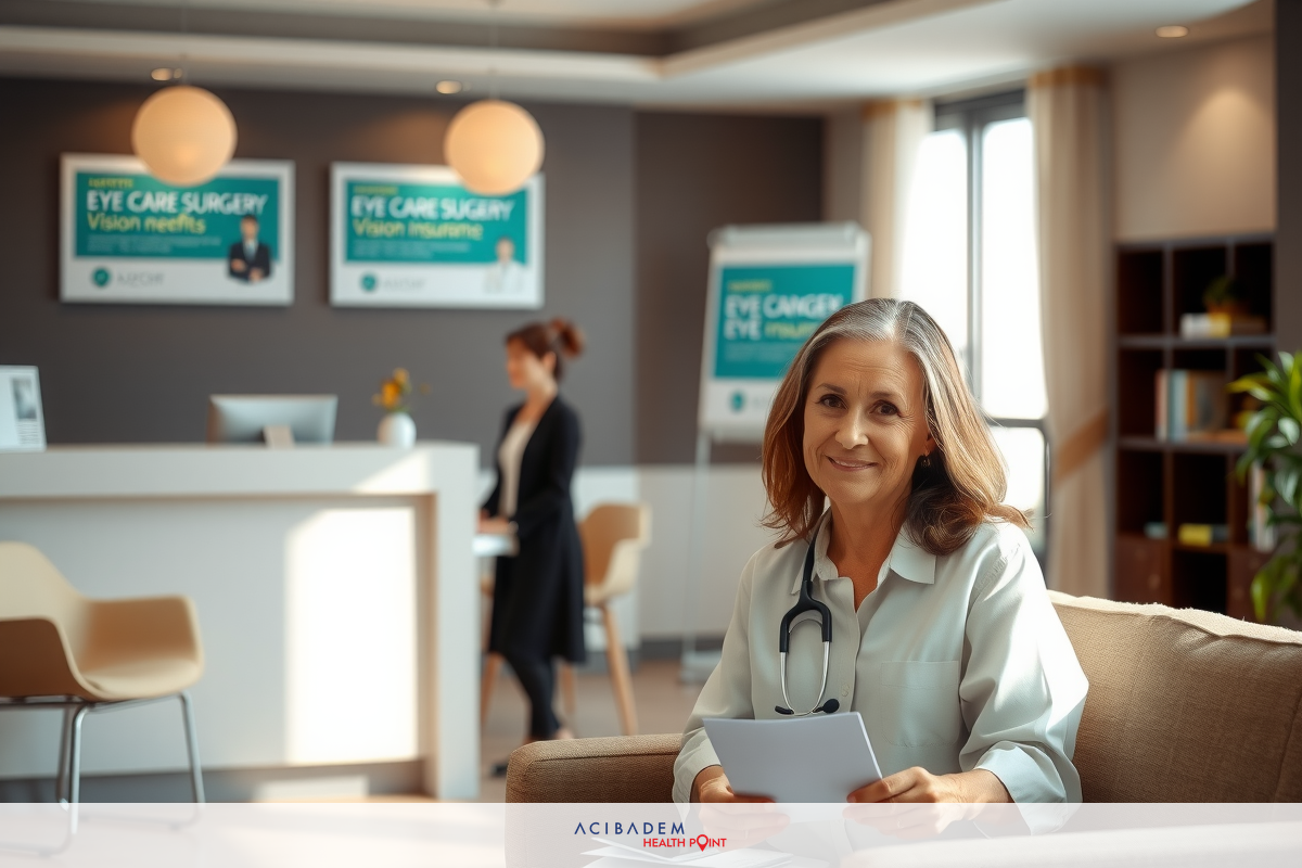 A smiling woman sitting on a couch in an office, wearing a white shirt. She is holding papers. Behind her are posters with health-related messages.