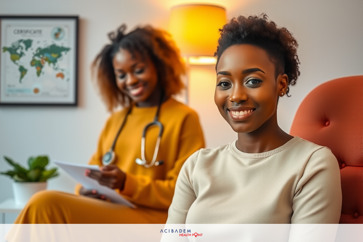 Two women in a clinical setting, one seated and smiling. The standing woman is wearing medical scrubs with stethoscope around neck, suggesting she is a healthcare professional, possibly a doctor or nurse.