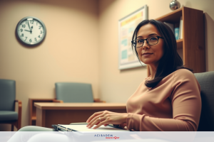 A professional setting with a woman sitting in an office chair. She has glasses and is holding papers, suggesting she might be reviewing or discussing business matters.