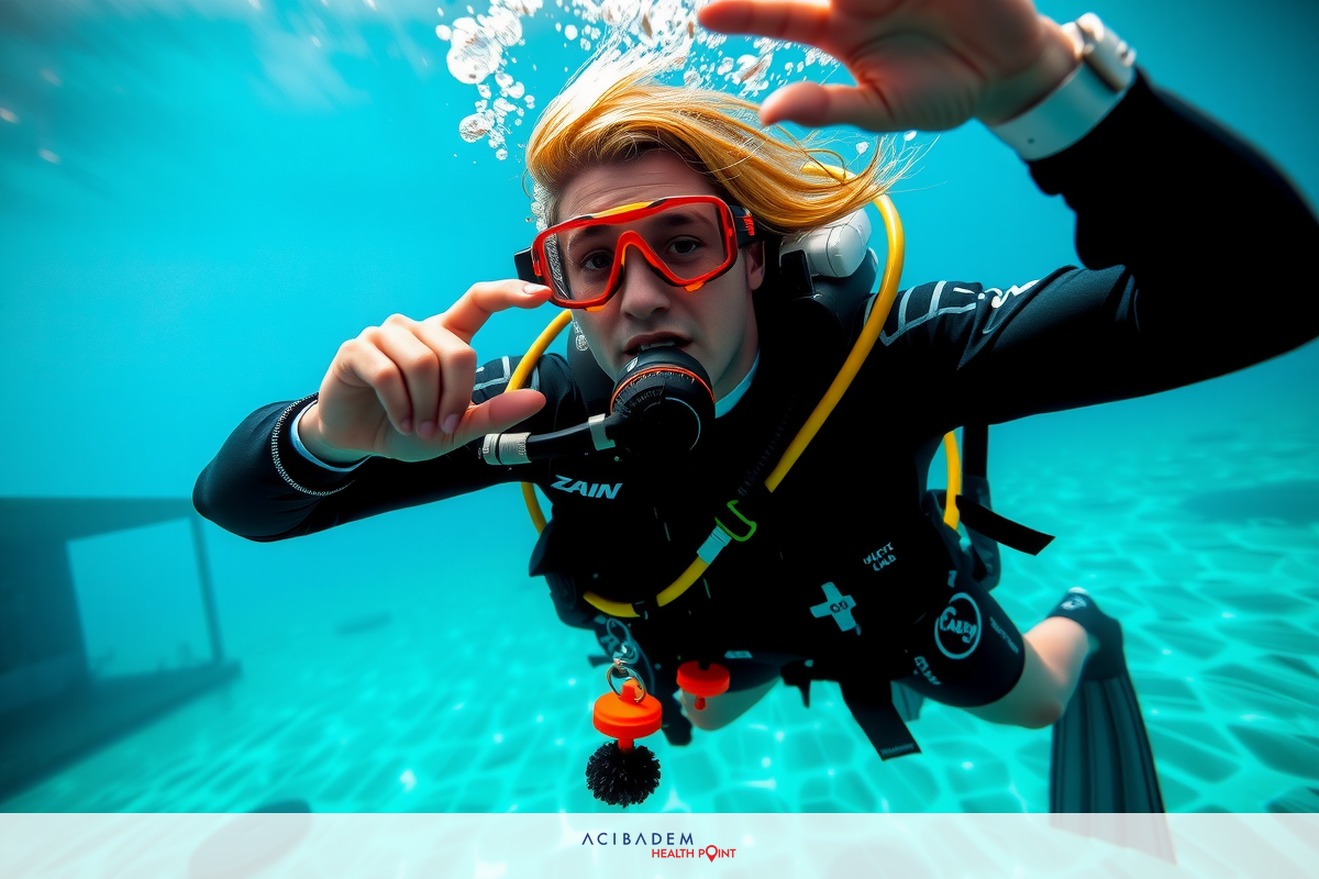 The image features a person wearing scuba gear, including fins and a helmet, underwater. The individual is holding their hands up near the water surface with fingers slightly open, as if in greeting or communication.