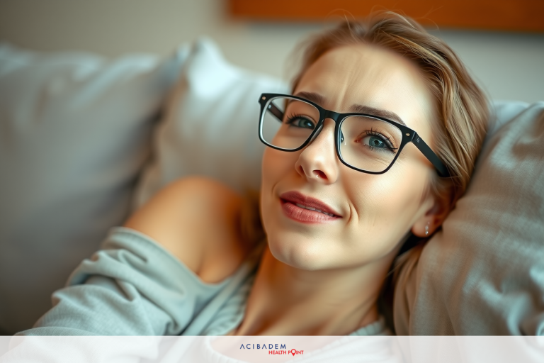 A woman with glasses is lying in bed, smiling slightly, wearing a grey shirt and black pants. The room has a cozy atmosphere, with soft lighting and comfortable pillows.