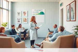 The image depicts a medical consultation room. A doctor, dressed in a white coat with stethoscope around neck, stands in front of patients seated on chairs. The room is equipped with medical posters and images on the wall, indicating a professional setting for healthcare discussions.