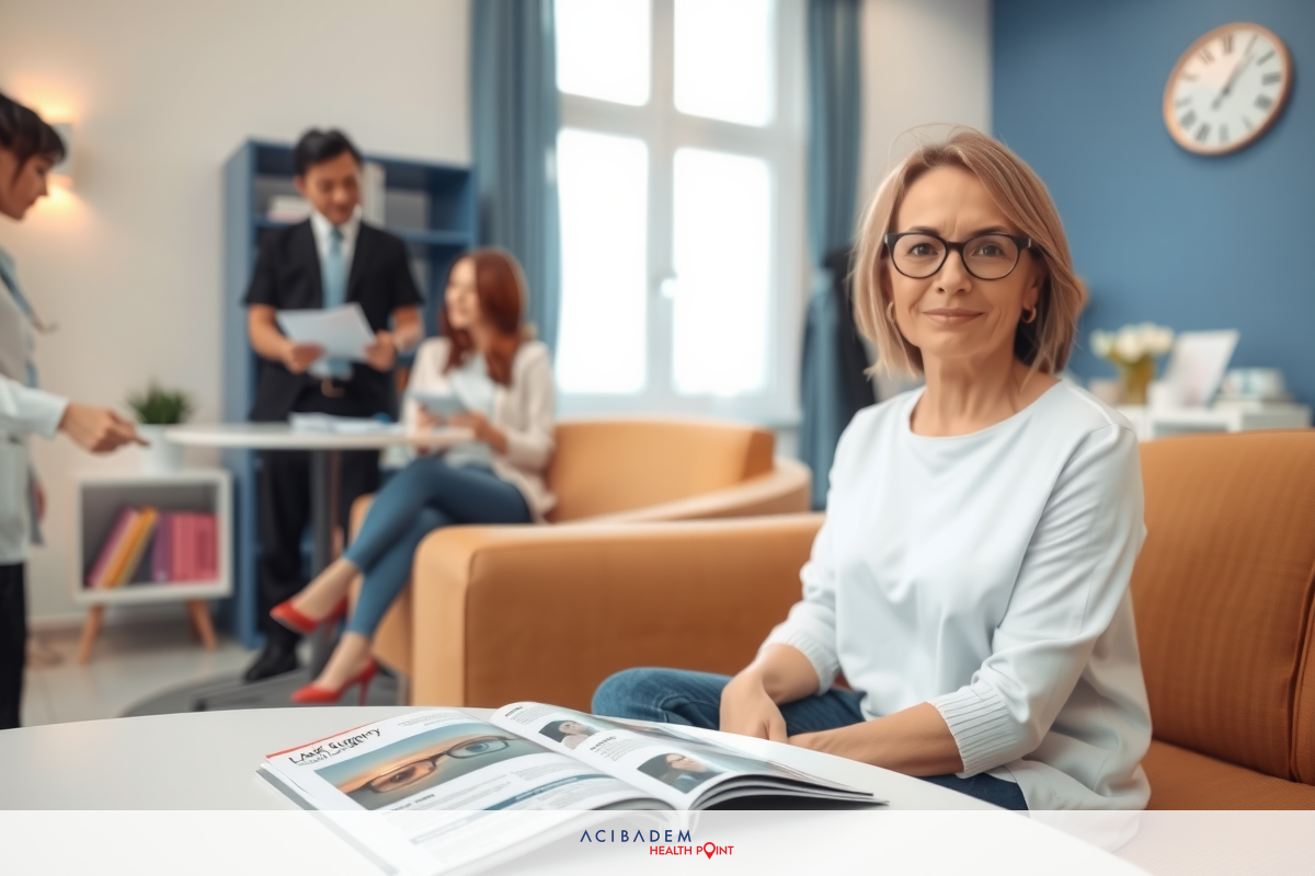 A woman in a brightly lit office environment, sitting on a couch and reading a magazine while others nearby work. She is wearing eyeglasses and has short hair. The office setting is modern with blue walls and a clock visible.