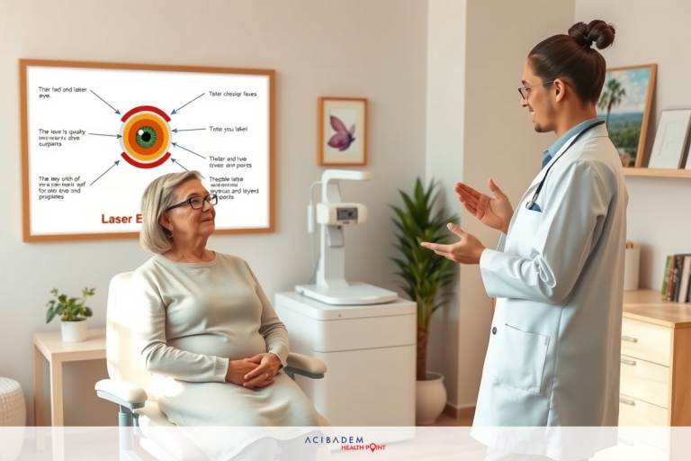 How Much Is Laser Eye Surgery NZ An elderly woman seated in a medical office chair, listening to an explanation about her eyes from an optometrist.