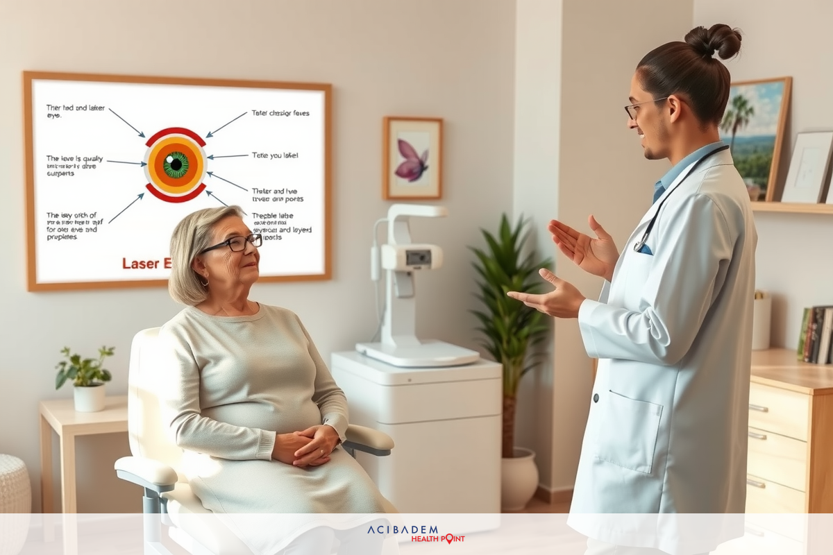An elderly woman seated in a medical office chair, listening to an explanation about her eyes from an optometrist.