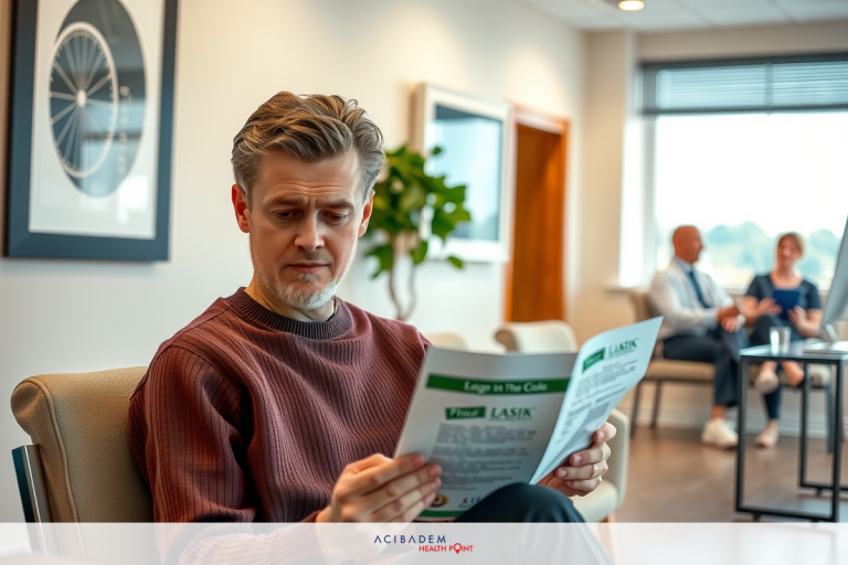 The image shows a man sitting in an office environment. He is wearing a red sweater and appears to be reading or examining some documents. There are other individuals in the background, suggesting a professional setting. The man's focus on his papers implies he may be reviewing important business information.