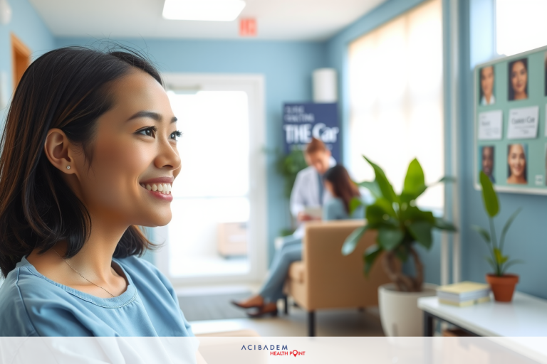 In this image, a young woman is standing in an office environment. She is dressed in professional attire and appears to be smiling at someone out of frame.