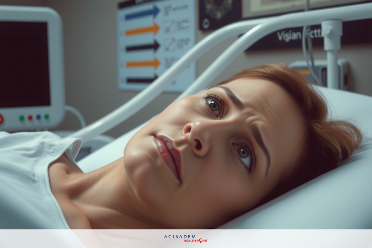 A woman lying in a hospital bed, connected to medical equipment. She looks concerned or worried as she gazes upwards.