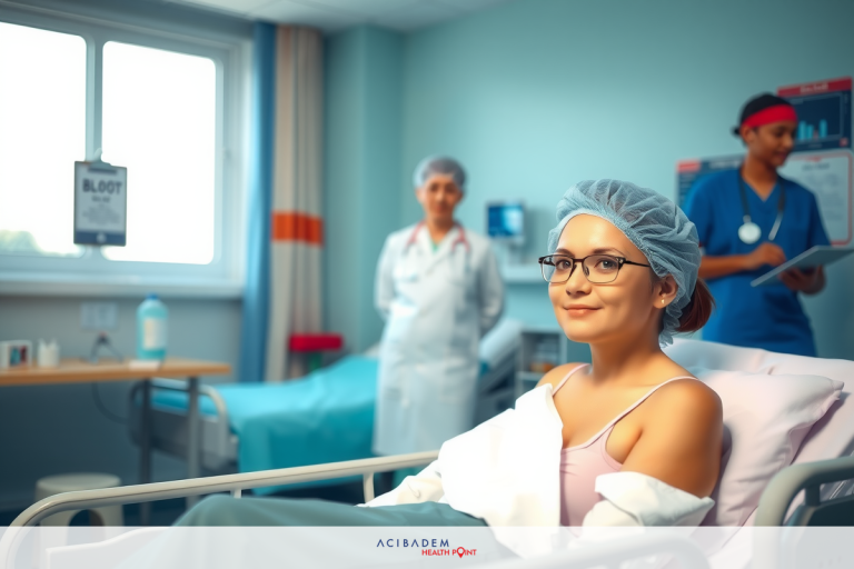 A young woman is lying in a hospital bed, being attended to by medical staff. She has light skin and dark hair, and she's wearing glasses.