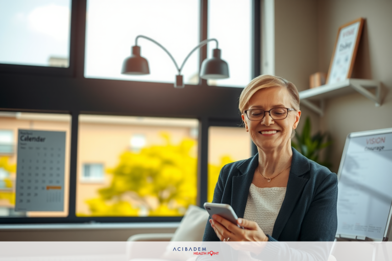How Much Is Eye LASIK Surgery A woman is in her office, seated at a desk. She's looking at her phone, possibly working or communicating with others. The room has large windows and a cozy atmosphere.