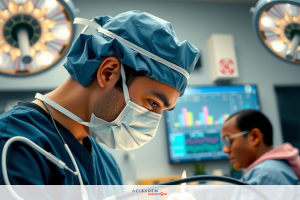 In the image, a surgeon is in an operating room. He is wearing a blue surgical gown and a surgical mask to maintain hygiene during the procedure.