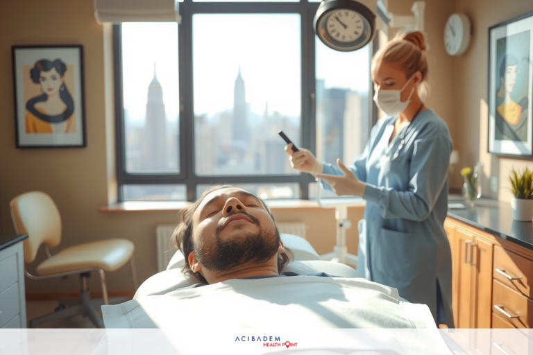 The image shows a barbershop interior with two individuals. A doctor is seated at the back of a chair, holding a medical devices, while another person is lying down on the chair.