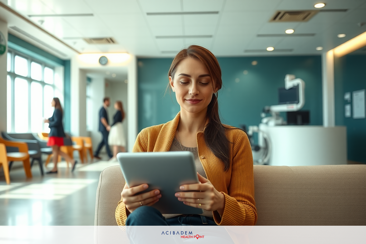 The image depicts a woman sitting comfortably in a modern office area. She is dressed in professional attire, wearing a jacket and has her hair neatly tied back.