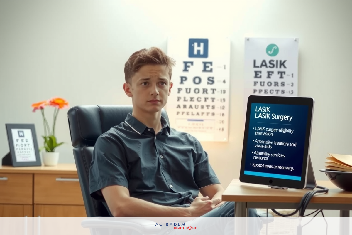 A man is sitting at a desk in an office. He is wearing a t-blue shirt and appears to be focused on his tablet screen, indicating that he might be involved in healthcare or research. The room has an office-like ambiance with white walls, and there are framed posters and notes visible.