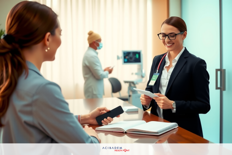 Two women engaging in a conversation at a desk, one possibly a doctor with a stethoscope around her neck. A nurse is also present in the background. The setting appears to be a medical office or clinic.