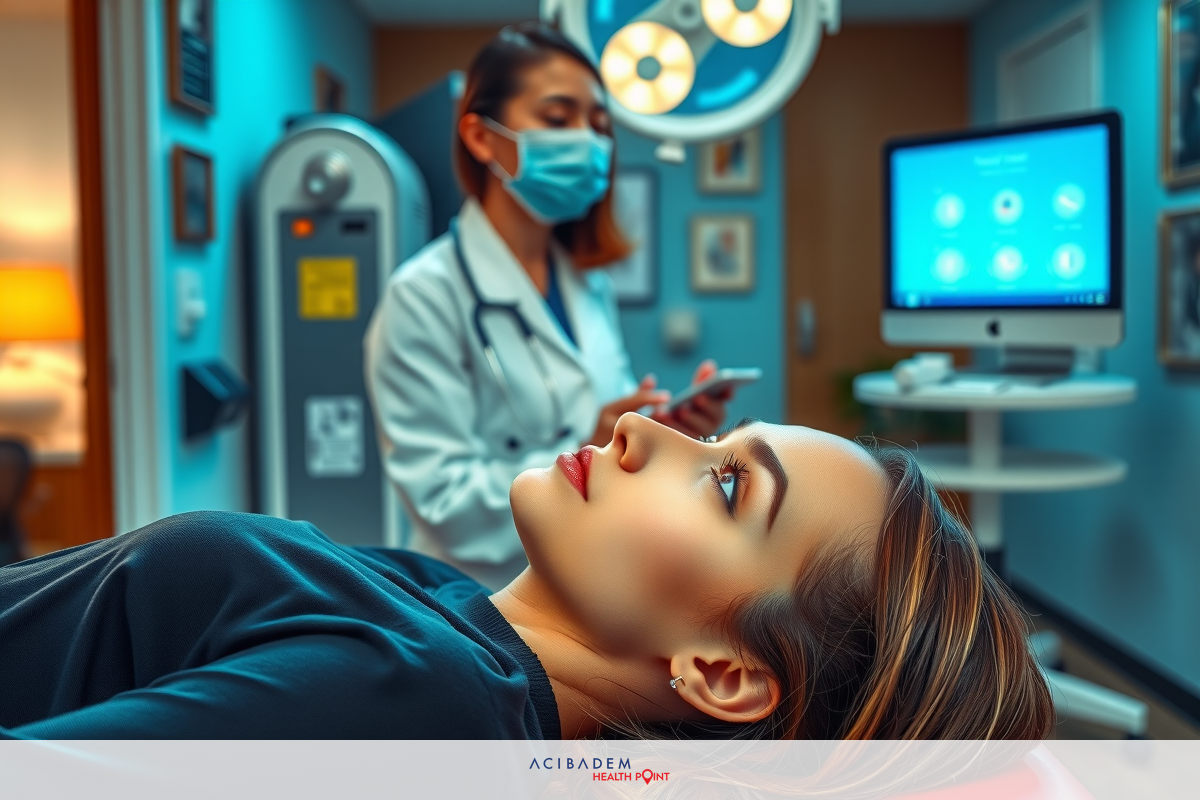 A woman lying on a medical. chair with an oral surgeon attending to her. The setting appears to be a professional clinic with equipment such as a sterilizer, and computer monitor visible in the background.