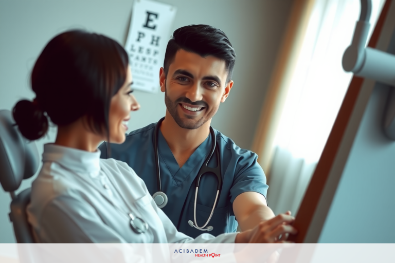 What Questions to Ask About LASIK Eye Surgery In the image, a young man and woman are seated in an examination room. The young man is dressed in medical attire, indicating he might be a doctor or healthcare professional.