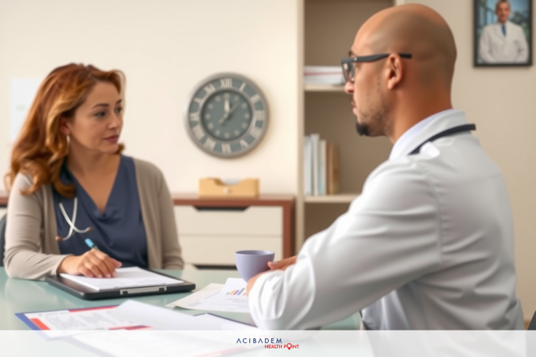 What Does LASIK Eye Surgery Cost A medical professional, likely a doctor or nurse, is sitting at a table with a patient, possibly discussing treatment options. The office environment suggests a clinical setting with various medical equipment and books in the background.