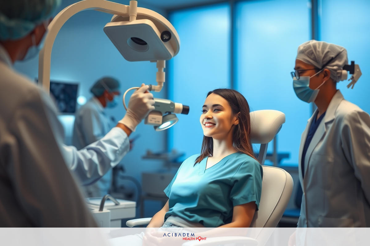 In a clean, modern medical office setting, two medical professionals in surgical garb are performing an examination on a seated female patient. The patient is smiling and appears relaxed.