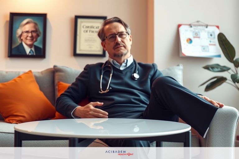 What Age Should You Get Laser Eye Surgery Man in suit sitting on couch in office environment, wearing glasses, with framed picture of doctor on wall in background.